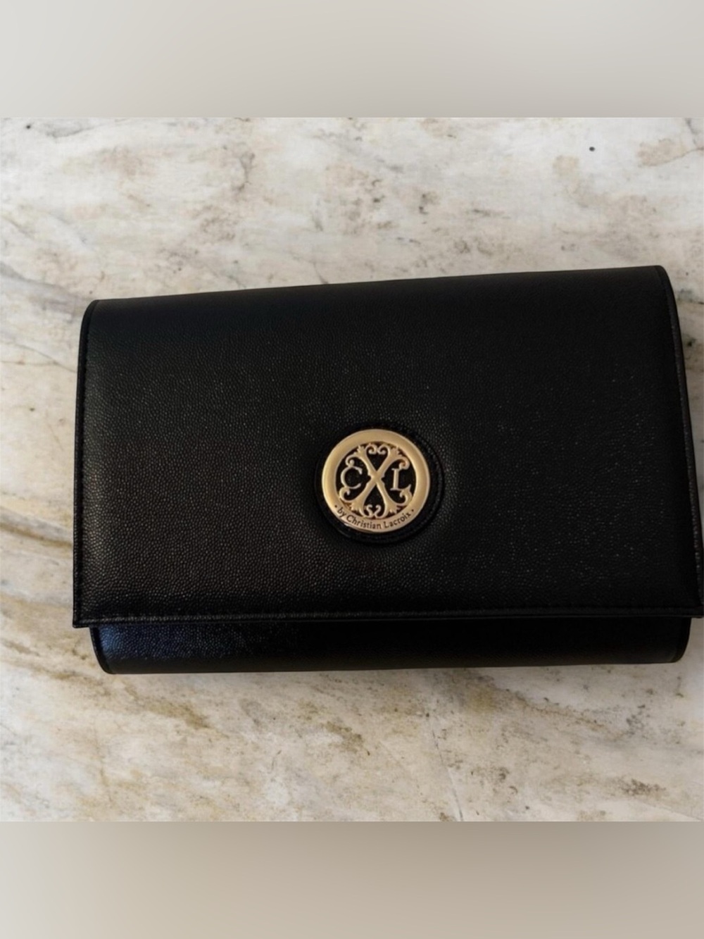 Christian Lacroix Black Leather Card Holder with Gold Emblem